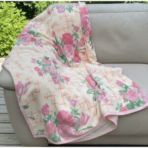 Vtg Floral Terry Cloth Bedspread Coverlet Throw Blanket Pink Roses Cotton 70x55